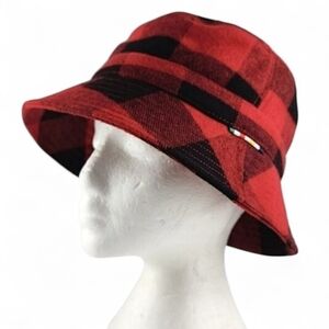 NWT HB STRIPES Unisex Bucket Hat Red Black Plaid Wool Blend Fleece Lined O/S